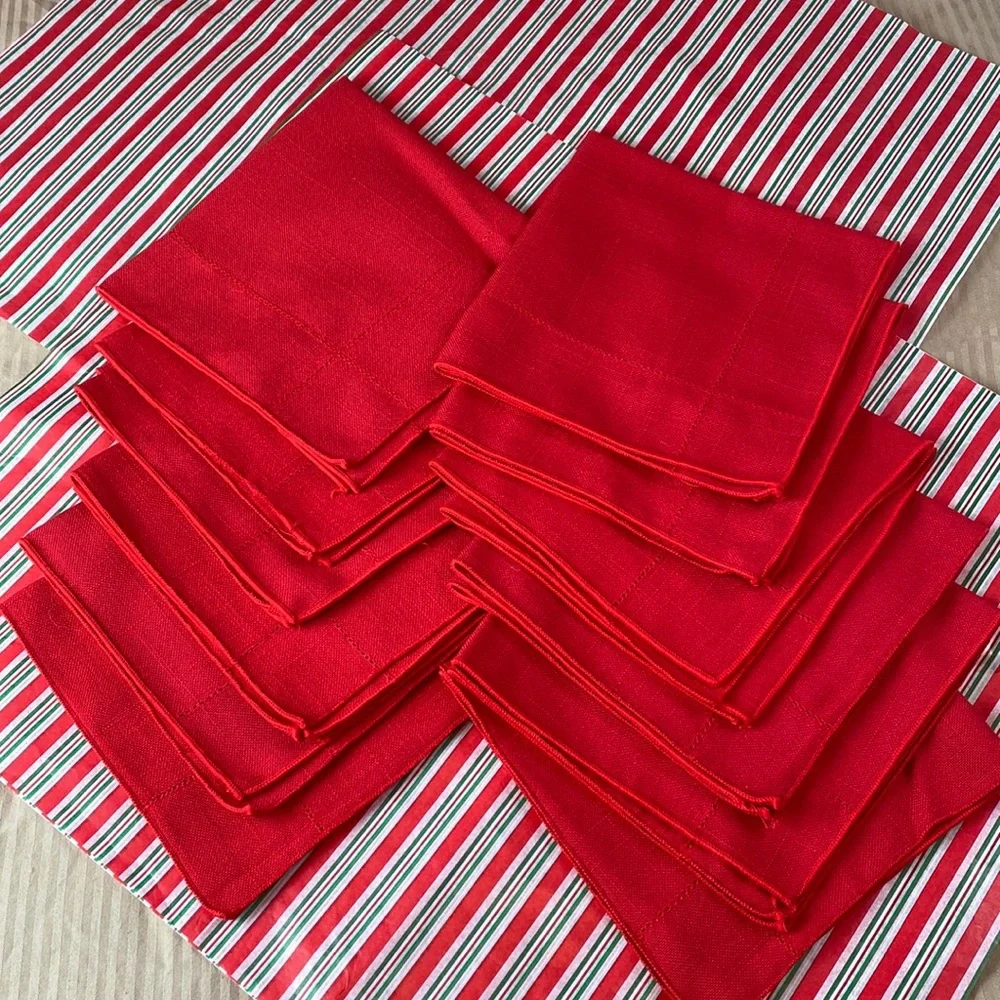 60s vintage red linen cocktail or dinner napkins with hemstitch edge set of 4